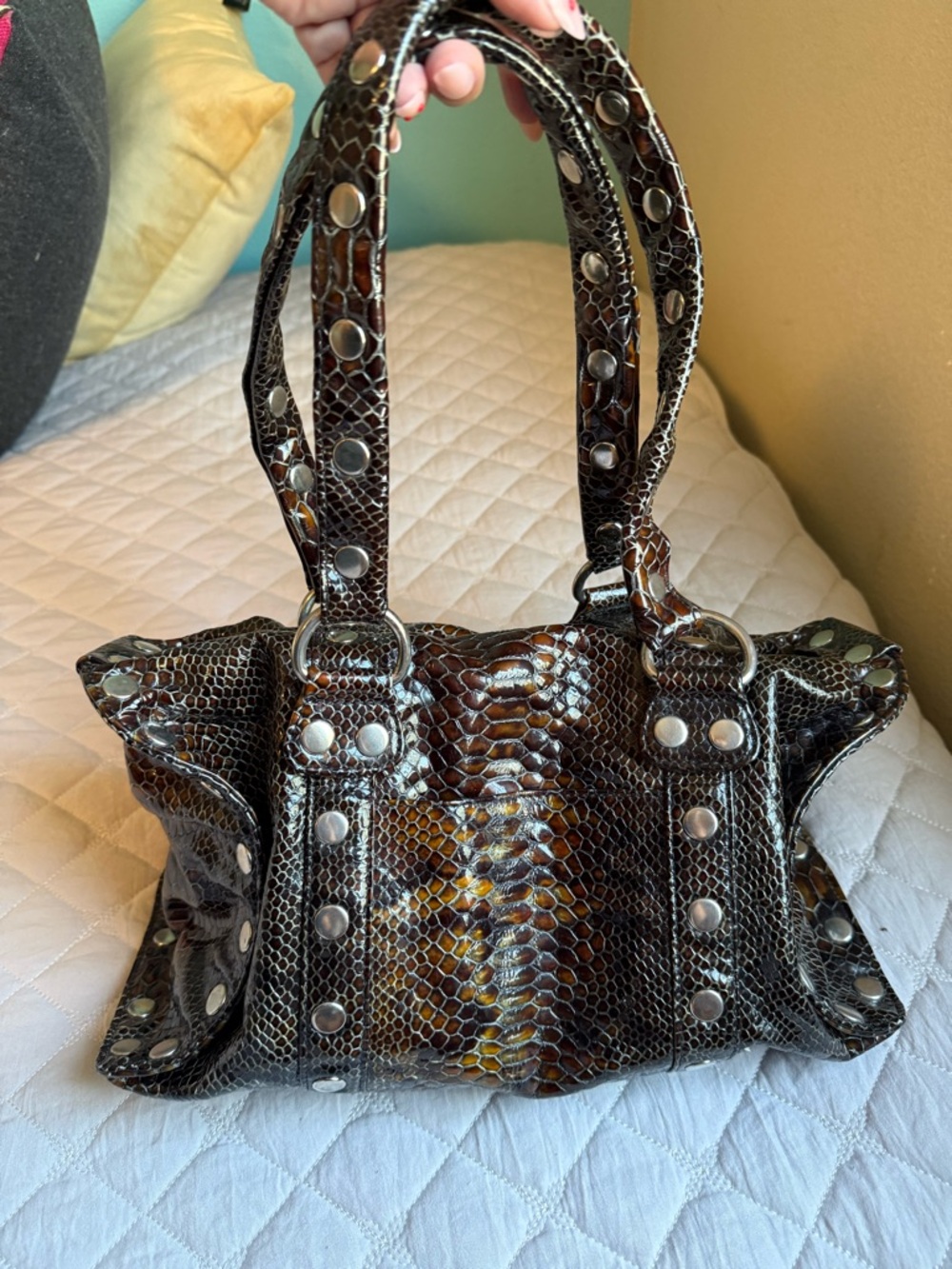Hammitt Leather Studded Handbag – Brown Snakeskin Embossed - Picture 4 of 16